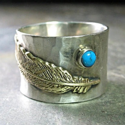 Feather Totem Wide Band Ring with Turquoise Stone
