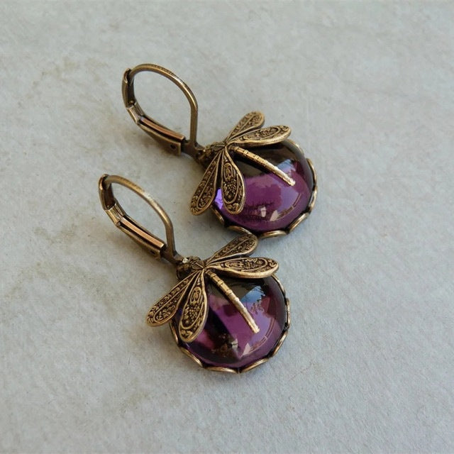 Vintage Dragonfly Earrings with Blue Gemstone Bohemian Design