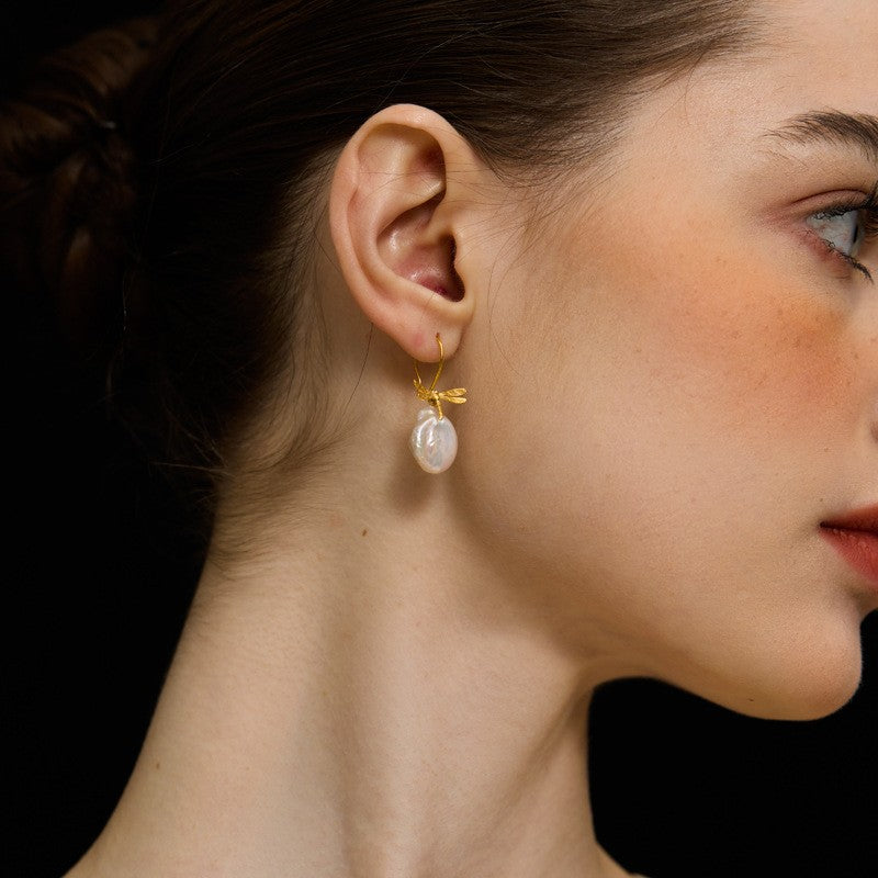 Baroque Pearl Drop Earrings with Dragonfly Charm