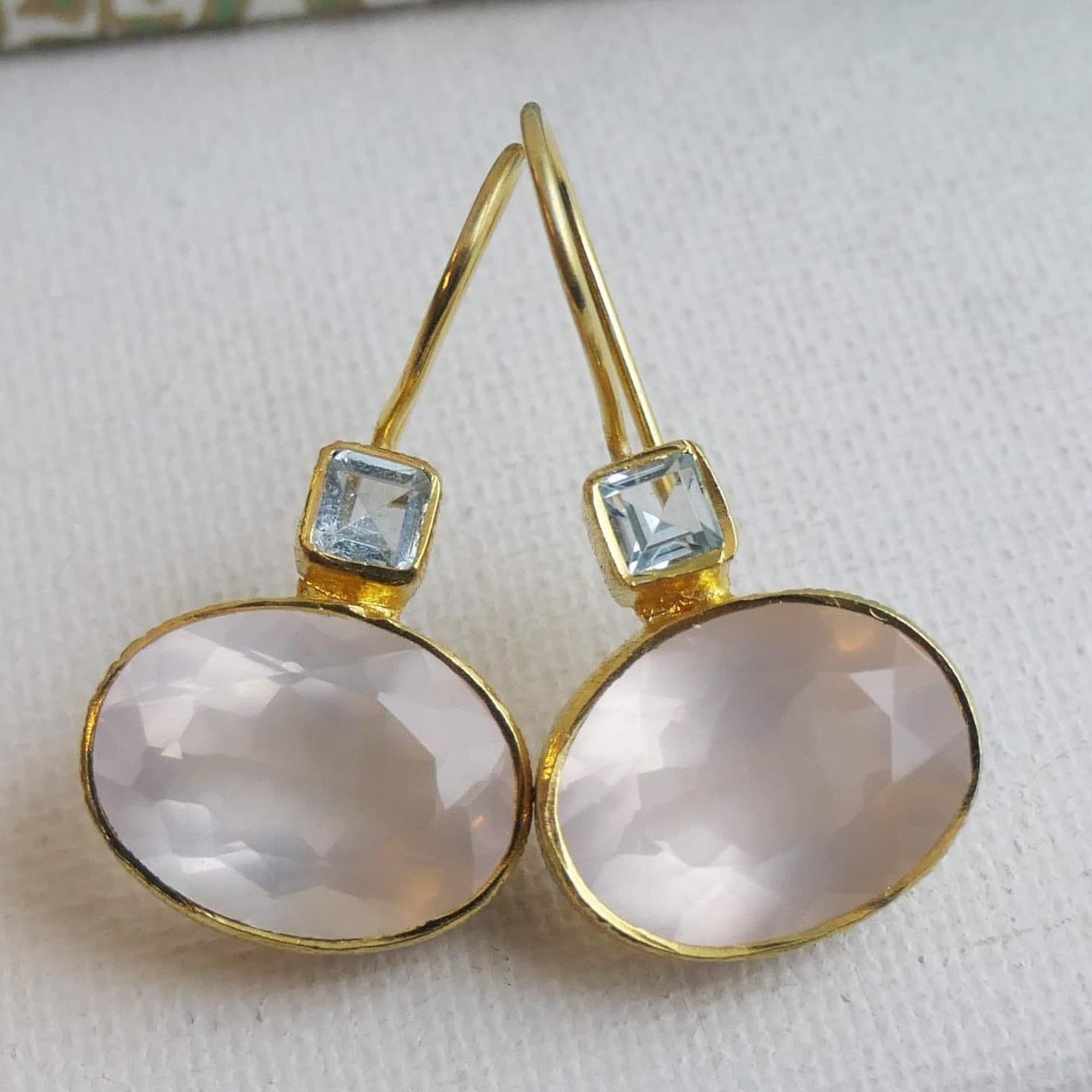 Gold Framed Pink Oval Earrings with Clear Square Accents