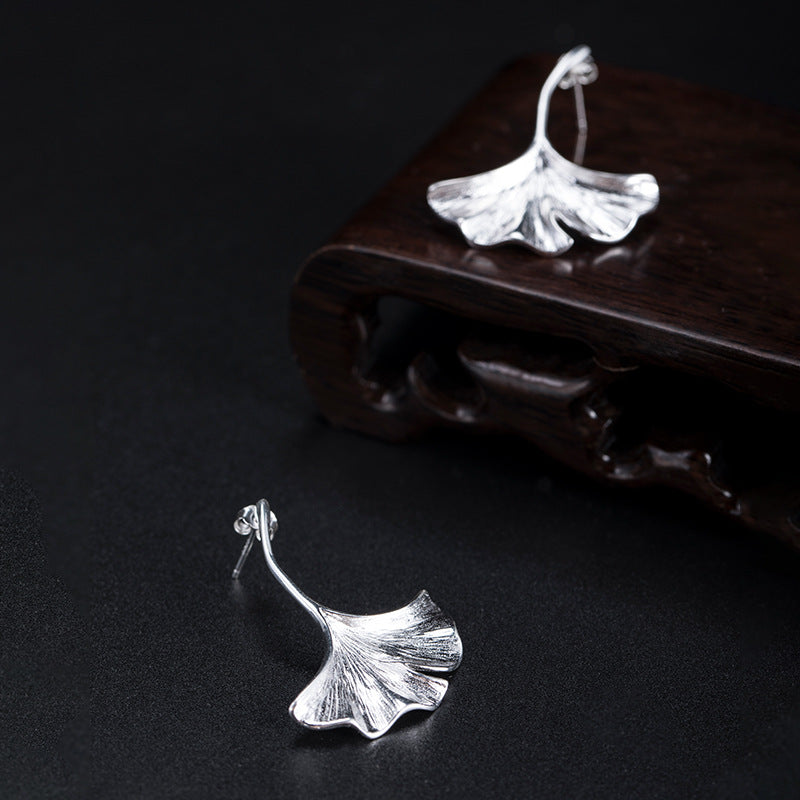 Silver Ginkgo Leaf Earrings with Natural Flowing Texture