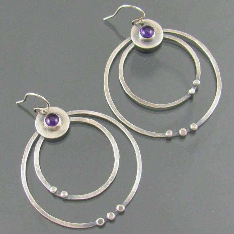 Amethyst Double Hoop Dangle Earrings with Boho Nature Charm