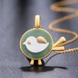Enamel Bird Pendant Necklace in Forest Green & Gold