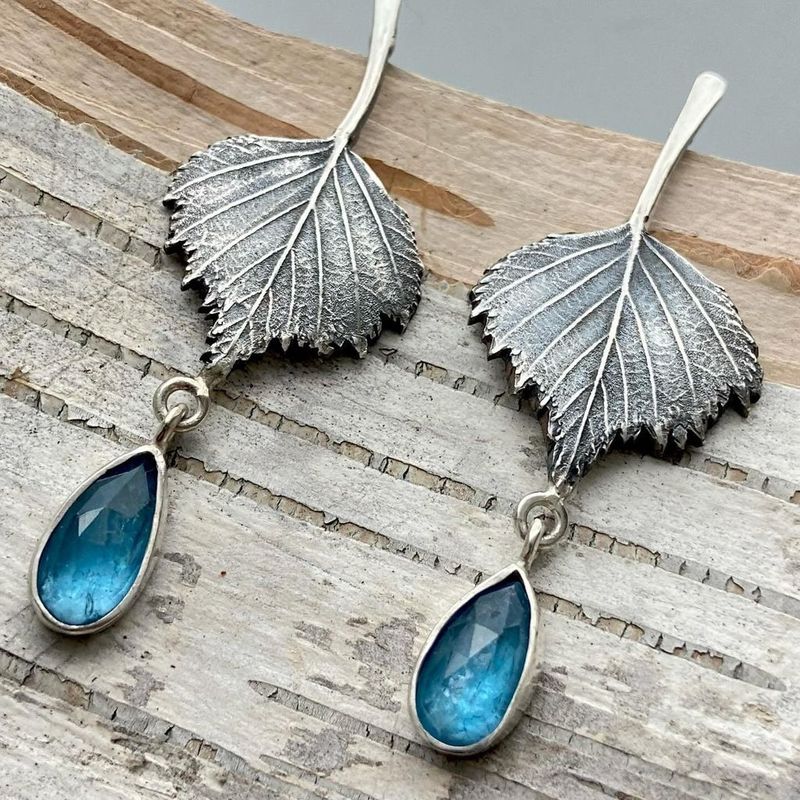 Blue Gemstone Leaf Drop Earrings with Nature Inspired Design