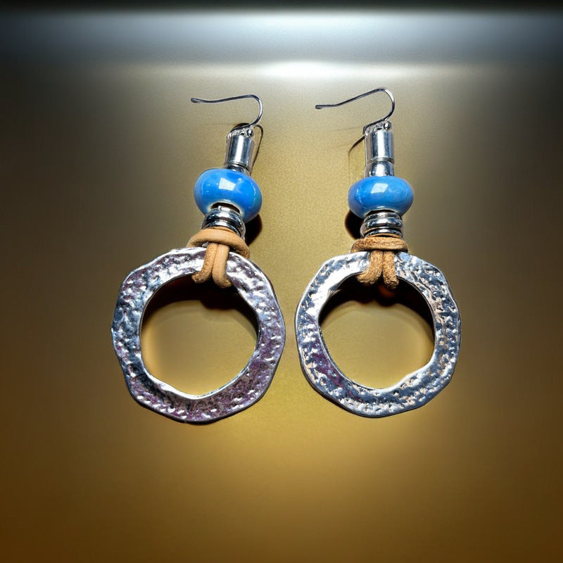 Rustic Circle Dangle Earrings with Leather and Blue Beads