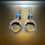 Rustic Circle Dangle Earrings with Leather and Blue Beads