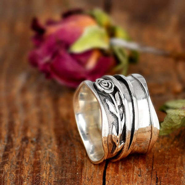 Rustic Wide-Band Silver Ring with Rose and Vine Design