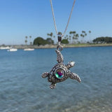 Colorful Gemstone Sea Turtle Pendant Necklace Ocean Inspired Jewelry