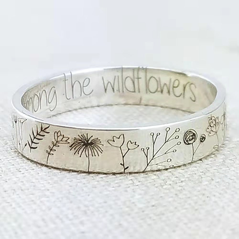 Wildflower Engraved Band Ring for Nature-Inspired Boho Style