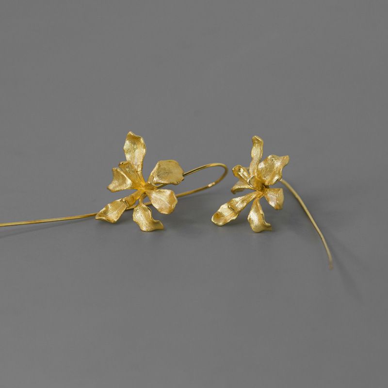 Iris Flower Drop Earrings in Gold or Silver