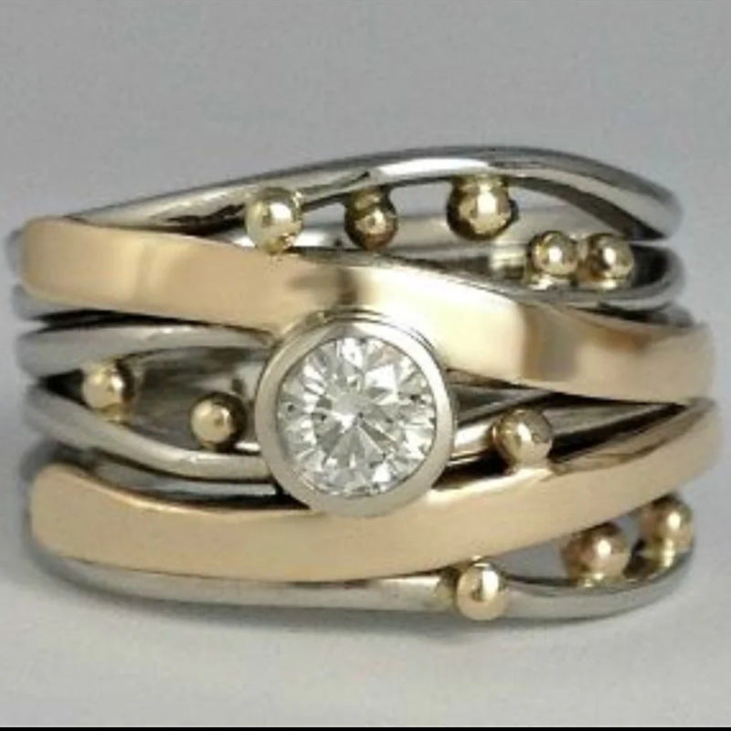 Wave Design Ring with Diamond and Golden Bead Accents