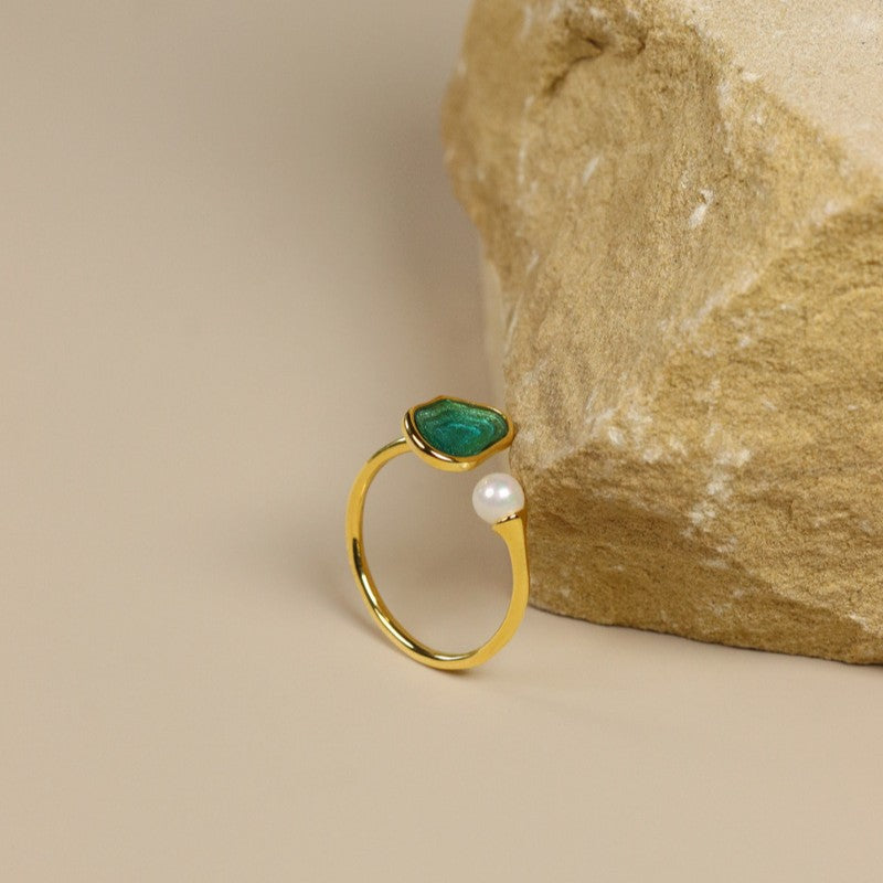 Ocean Agate and Pearl Ring for Intuition and Flow