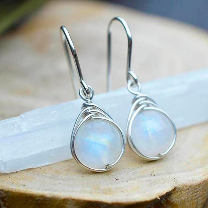 Moonstone Drop Earrings with Minimalist Wire Wrap Design