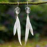 Long Leaf Drop Earrings with Black Gemstone Nature Design