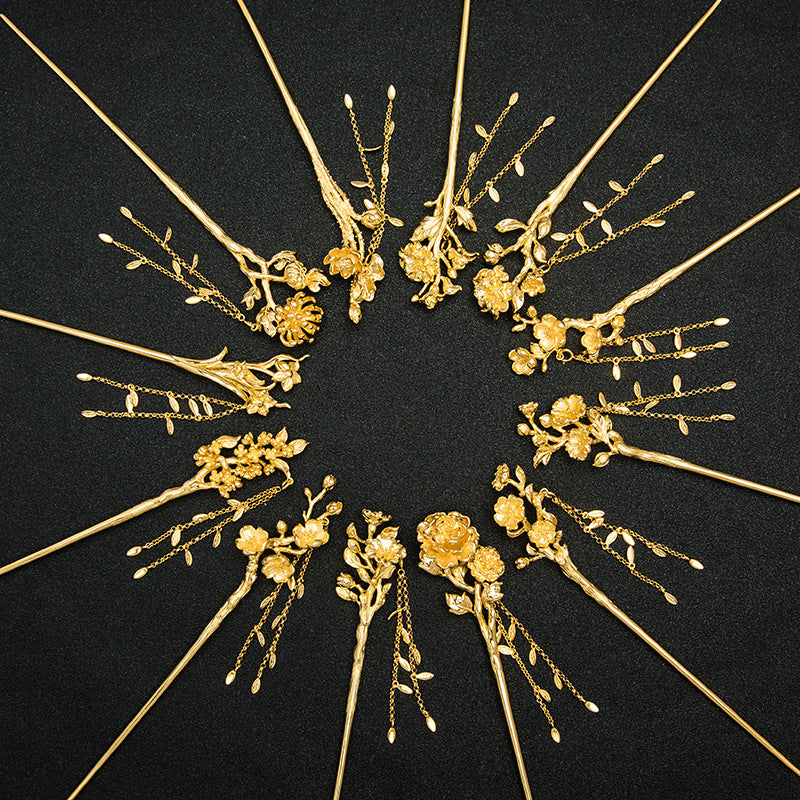 Golden Goddess Hairpins with Blossoms and Flowing Chains