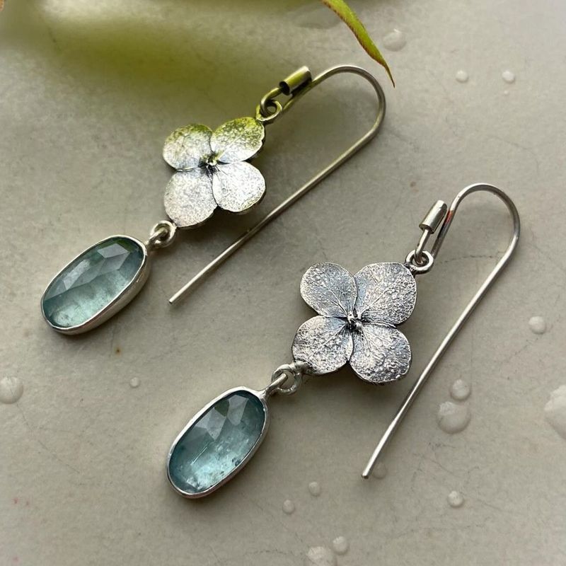 Floral Drop Earrings with Aquamarine Gemstone Nature Inspired Design