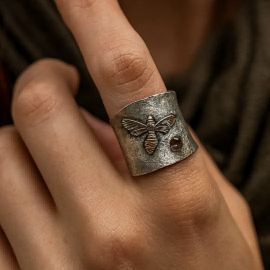 Boho Honeybee Ring with Amber Stone Wide Band