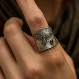 Boho Honeybee Ring with Amber Stone Wide Band