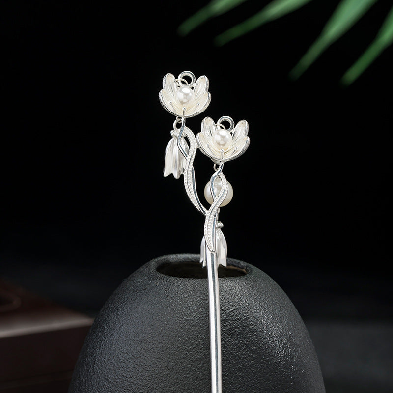 Twin Blossom Hair Stick with Dangling Petal Charms