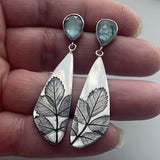 Blue Gemstone Leaf Engraved Long Earrings Nature Inspired Design