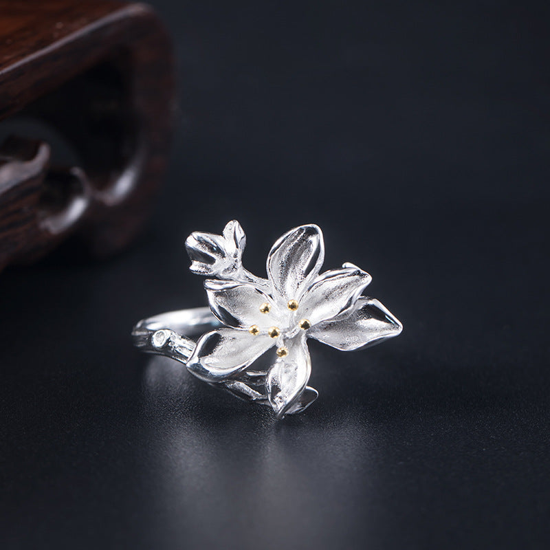 Silver Petal Ring with Golden Stamens for Gentle Energy