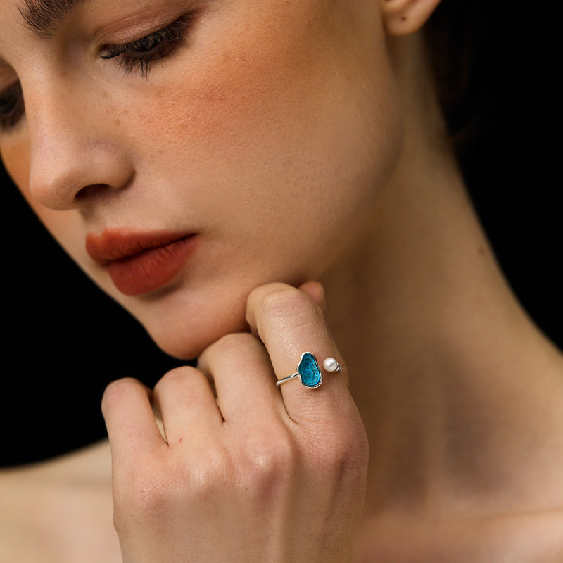 Ocean Agate and Pearl Ring for Intuition and Flow