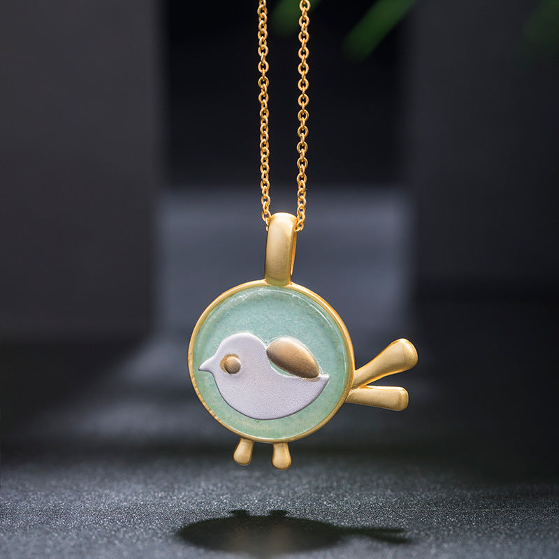 Enamel Bird Pendant Necklace in Forest Green & Gold