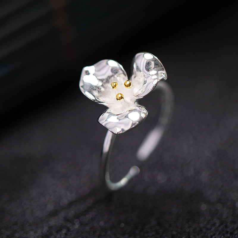 Silver Petal Ring with Golden Stamens for Gentle Energy
