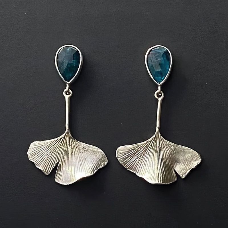 Ginkgo Leaf Drop Earrings with Blue Gemstone Nature Design