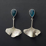 Ginkgo Leaf Drop Earrings with Blue Gemstone Nature Design