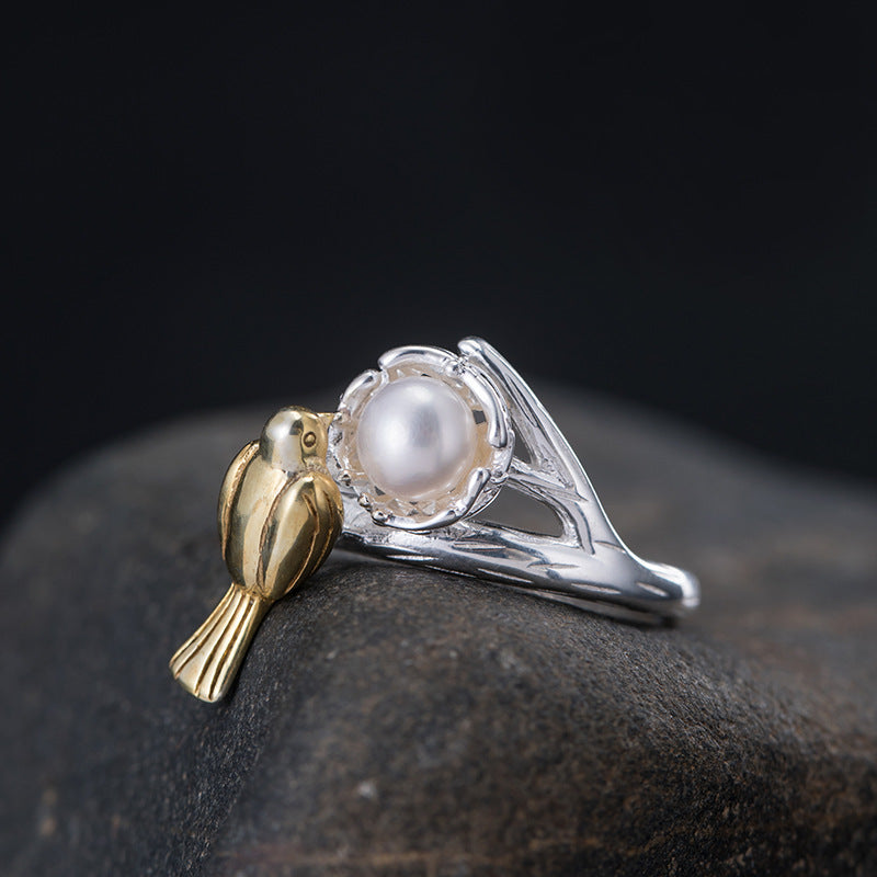 Golden Bird Pearl Ring – Nature-Inspired Adjustable Band