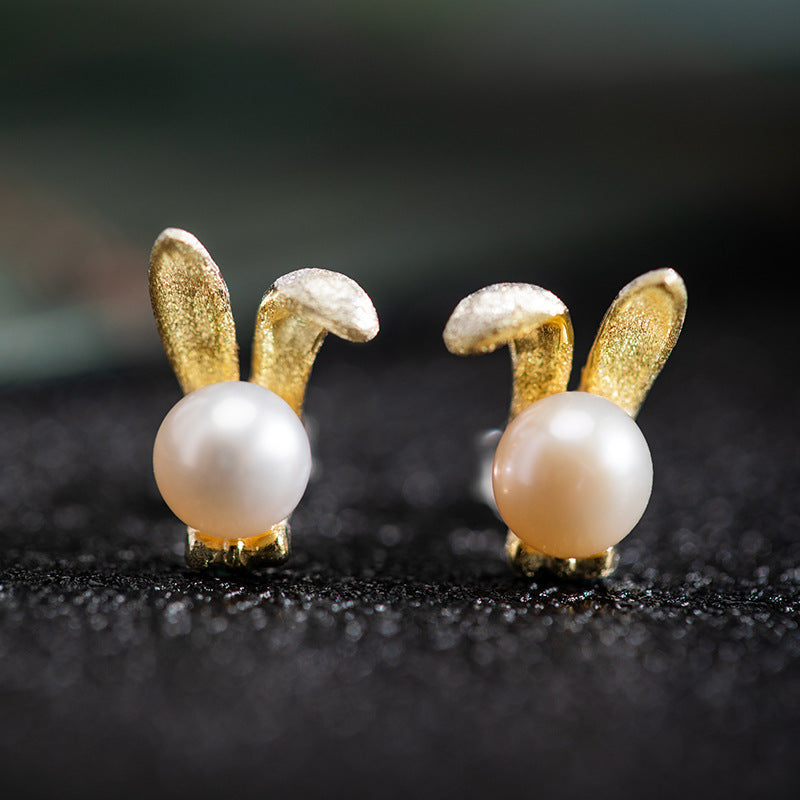 Pearl Bunny Stud Earrings with Playful Lunar Energy
