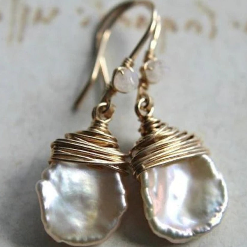 Boho Baroque Pearl Drop Earrings with Gold Wire Wrap