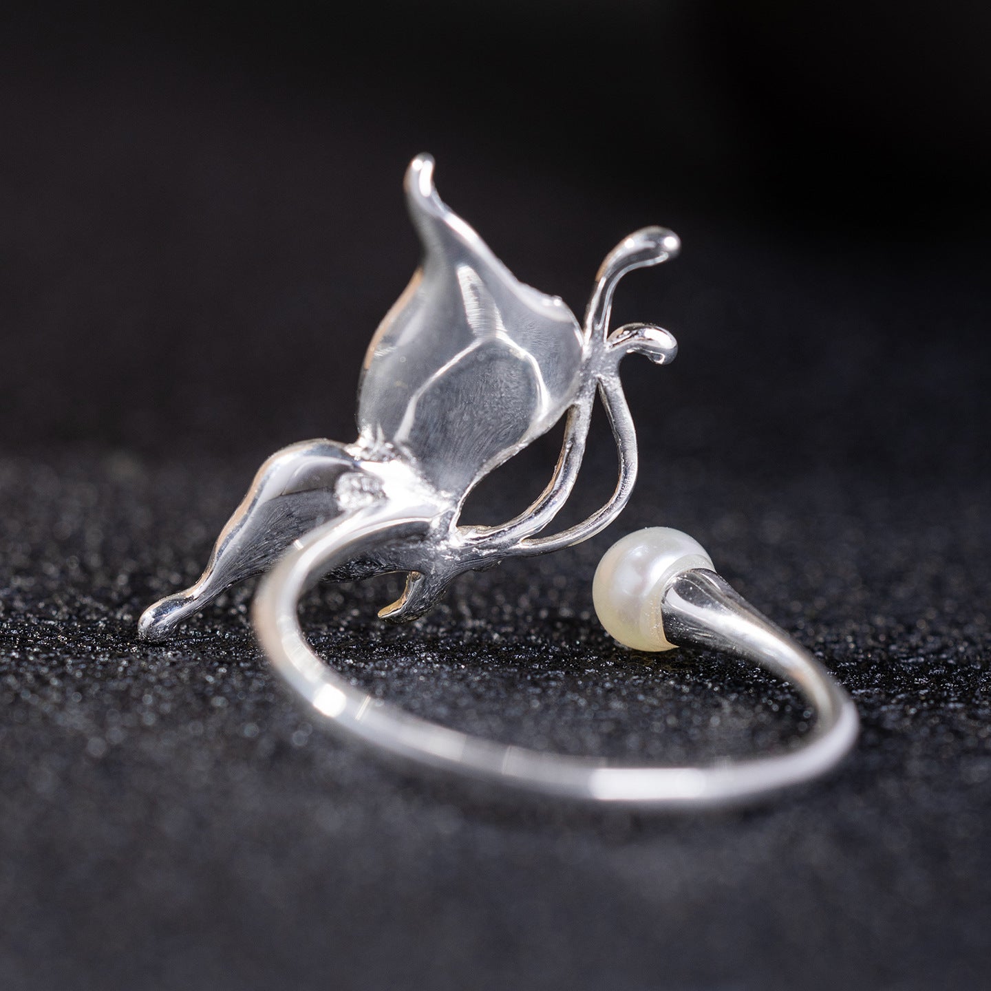 Butterfly and Pearl Open Ring – Nature-Inspired Spiritual Jewelry