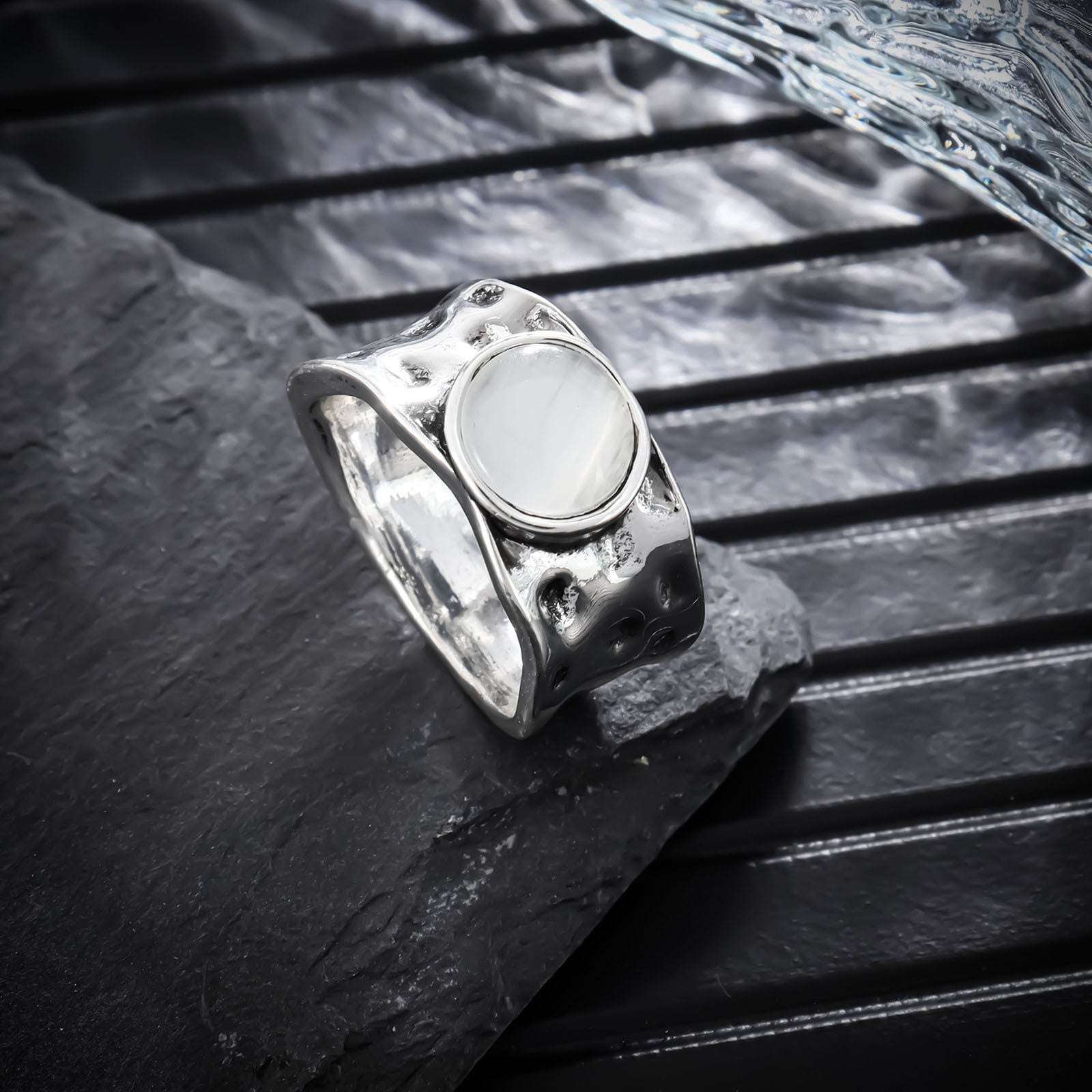 Organic Textured Ring with White Gem and Sculpted Band
