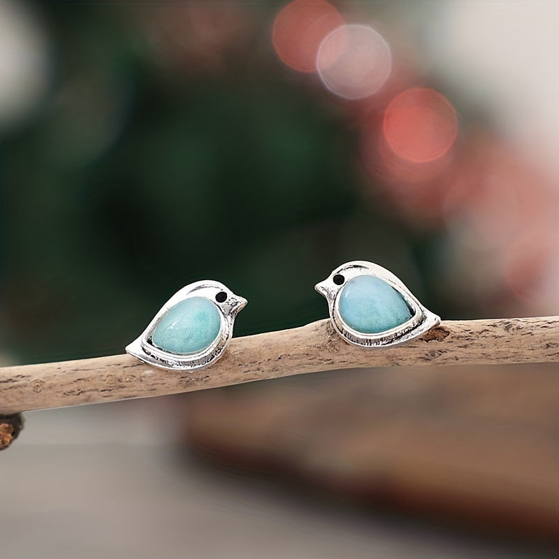 Cute Bird Stud Earrings with Blue Gemstone Nature Design