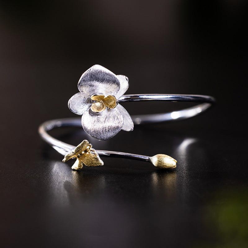 Blooming Flower Open Bangle – Silver and Gold Botanical Cuff