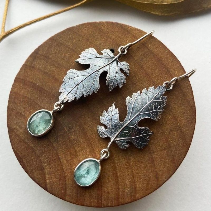 Nature Leaf Drop Earrings with Green Gemstone Boho Design