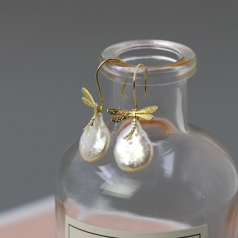 Baroque Pearl Drop Earrings with Dragonfly Charm