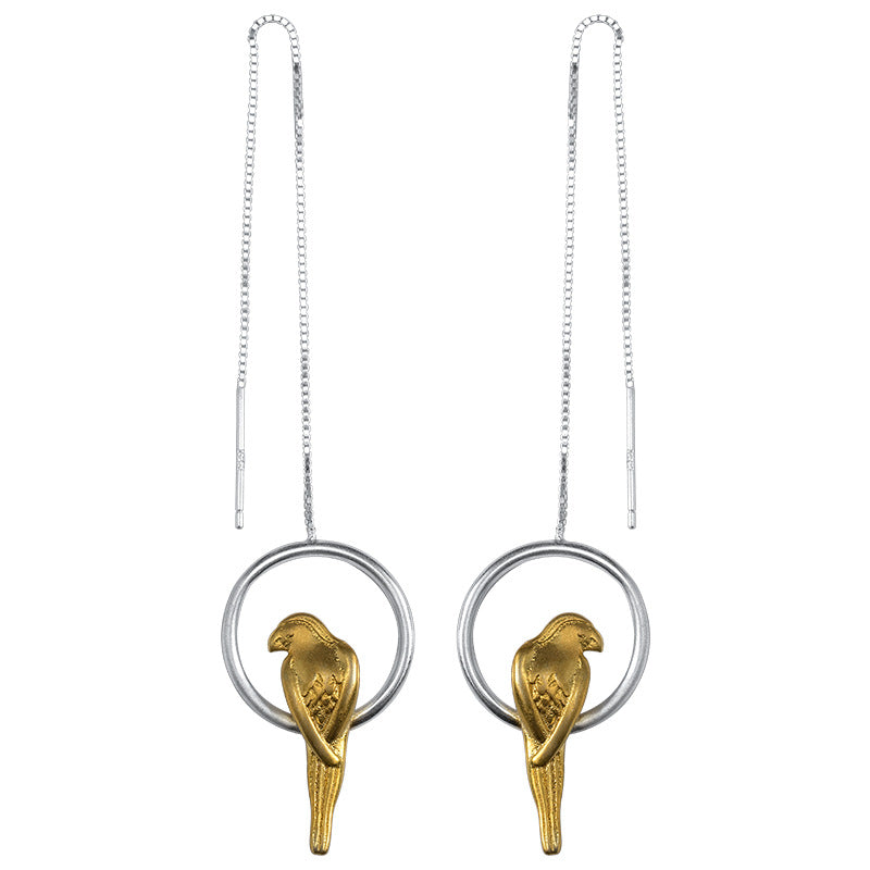 Golden Bird Threader Earrings – Silver Hoop Charm