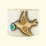Golden Bird Totem Ring with Green Stone Accent