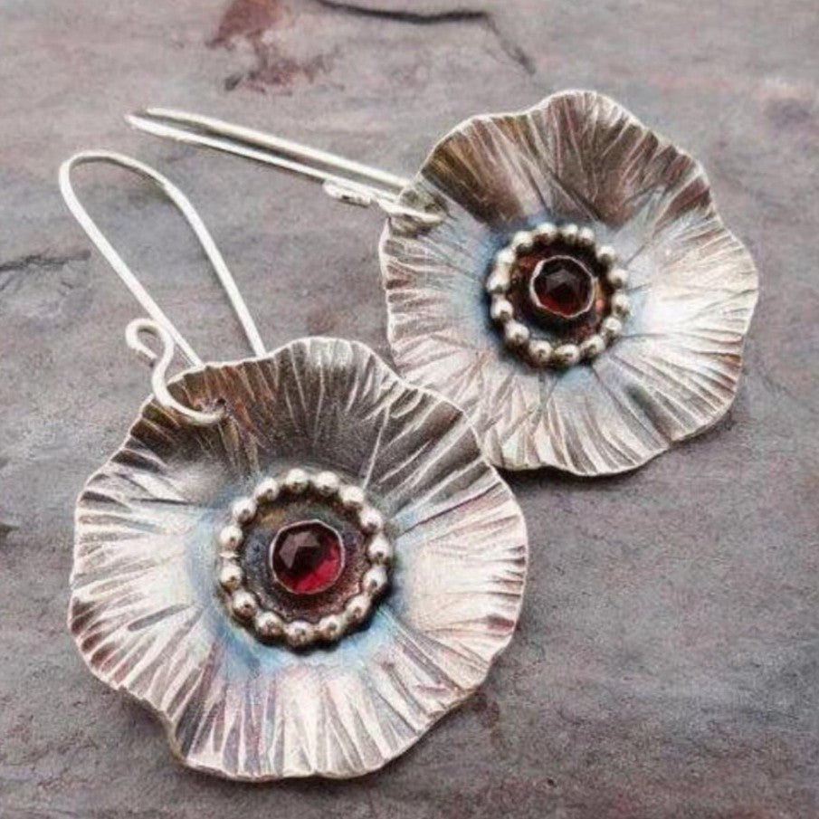 Vintage Flower Drop Earrings with Red Garnet Center