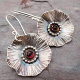 Vintage Flower Drop Earrings with Red Garnet Center