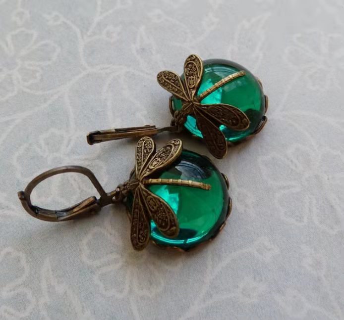 Vintage Dragonfly Earrings with Blue Gemstone Bohemian Design