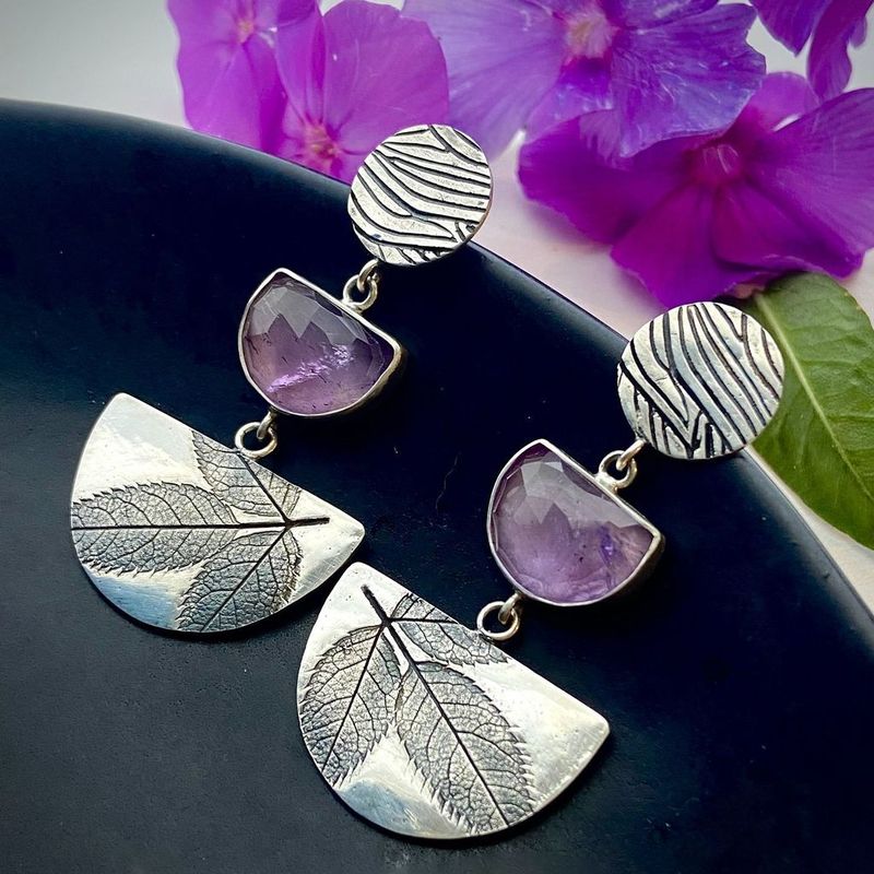 Artisan Leaf Drop Earrings with Amethyst Gemstone Nature Design