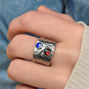 Hammered Silver Ring with Red and Blue Gemstones