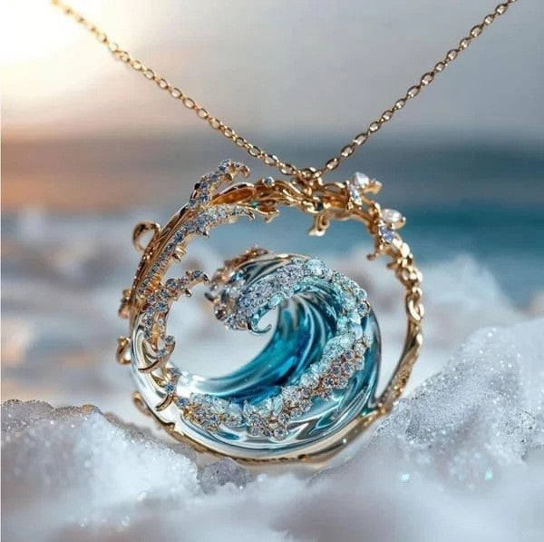Golden Ocean Wave Pendant with Sparkling Crystal Accents