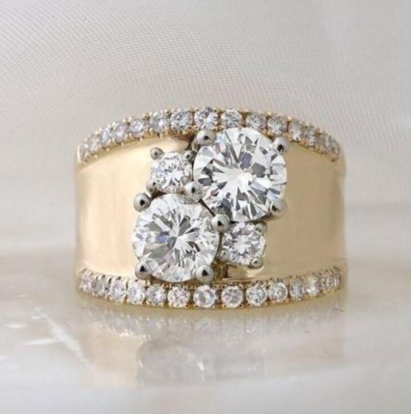 Wide Gold Band Ring with Clustered Sparkling Crystals