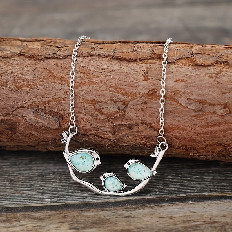 Family Bird Necklace with Turquoise Gemstones Nature Inspired