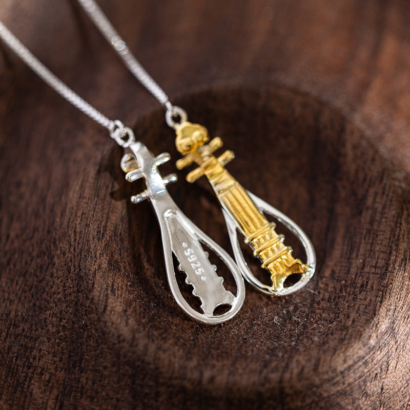 Celestial Lute Threader Earrings – Silver & Gold Harmony